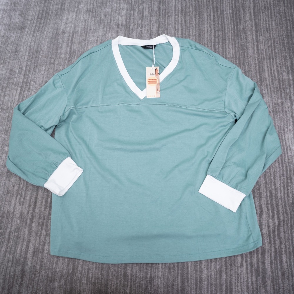 Dokotoo Womens V-Neck Long Sleeve Top Teal Green Contrast Trim Size 2XL NWT